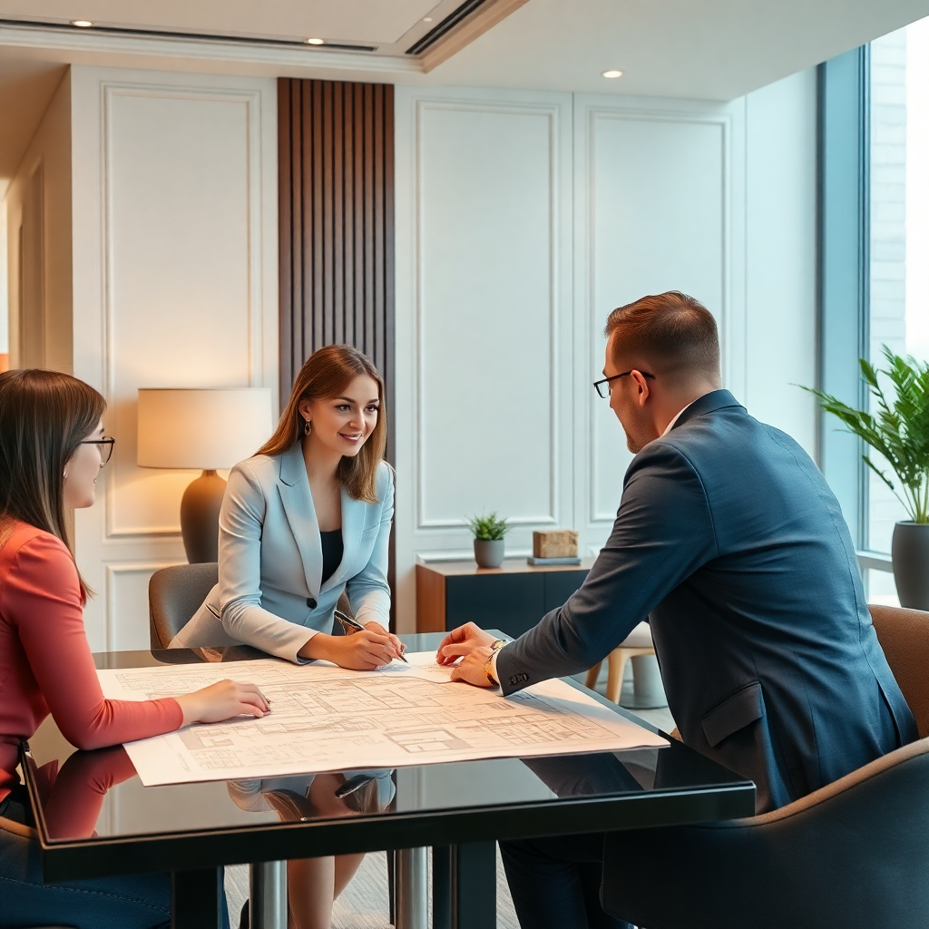 Consultation meeting in luxury office, architectural plans on table, professional elegant setting