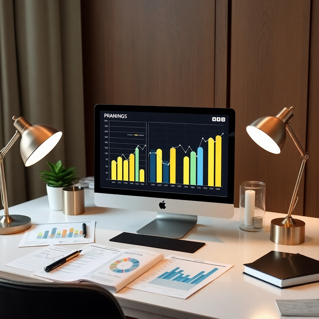Strategic planning, charts and analytics, luxury real estate market data, elegant desk setup