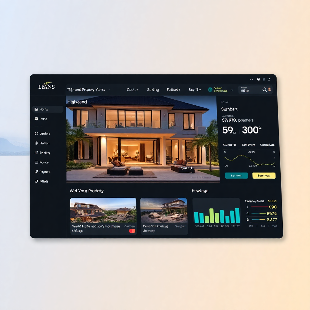High-end property brochure, digital marketing dashboard, luxury lifestyle imagery