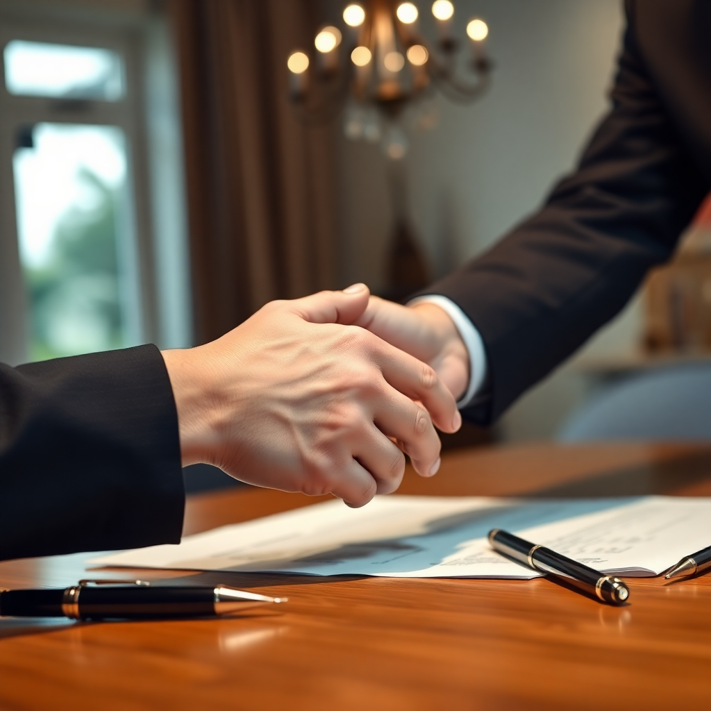 Handshake over contract, luxury pen, successful real estate closing, elegant lighting